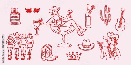 Whimsical Cowgirl Bachelorette Party Clipart, Hand Drawn Bridal Shower Illustration