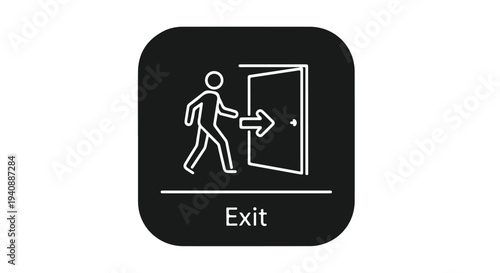 A simple white exit sign icon on a black background with a person walking through a door.