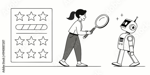 Female avatar next to robot reviewing star ratings using magnifying glass. Ideal for AI in customer feedback, quality control, user feedback, evaluation, data, analytics, simple flat metaphor See Less
