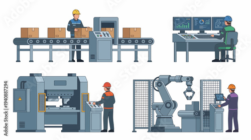 Industrial machine operator scenes with packaging conveyor and robot workcell