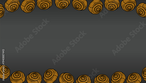 Cinnamon Roll background Pattern. Sweet Pastry Bakery Illustration. Hand Drawn Swirl Bread. Doodle Food Background. Decorative Textile Packaging Design.