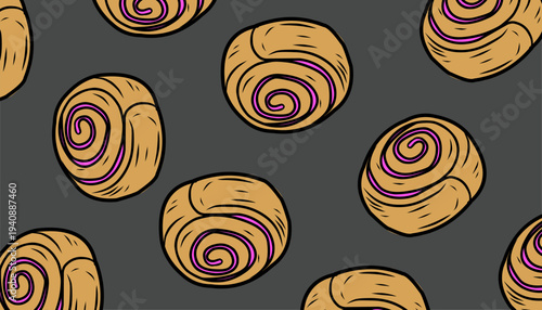 Cinnamon Roll Seamless Pattern. Sweet Pastry Bakery Illustration. Hand Drawn Swirl Bread. Doodle Food Background. Decorative Textile Packaging Design.