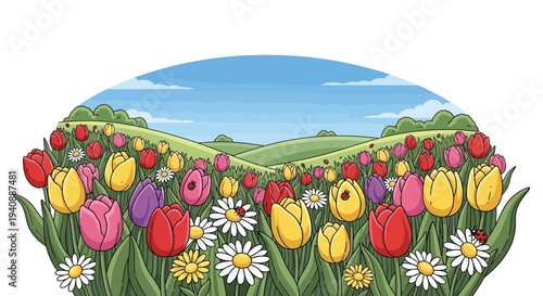 A beautiful spring field bursts with vibrant red, yellow, pink, and purple tulip flowers.