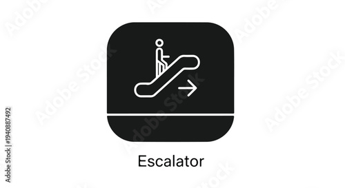 A simple white line icon of a person riding an escalator with an arrow on a black background.