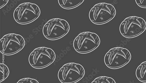 Bread Seamless Pattern. Artisan Bakery Illustration. Hand Drawn Bun. Minimal Food Background. Decorative Textile Design.