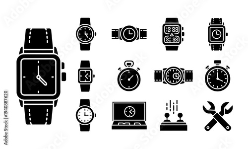 Watches Time Clocks Chronometers Silhouette Icons