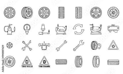 Car Auto Shop Tire Service Outline Icons