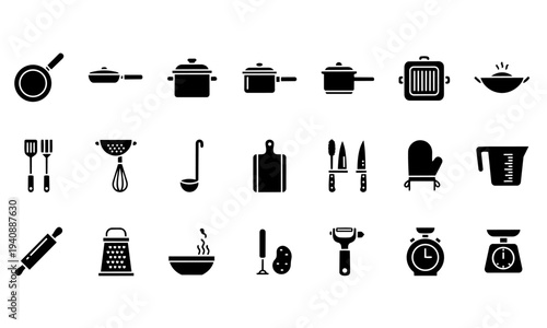 Kitchen Utensils Cooking Pans Silhouette Icons