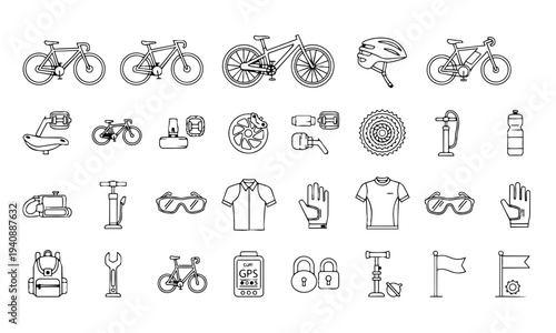 Cycling Gear Bicycle Equipment Outline Icons
