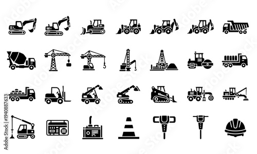 Heavy Construction Machinery Equipment Silhouette Icons