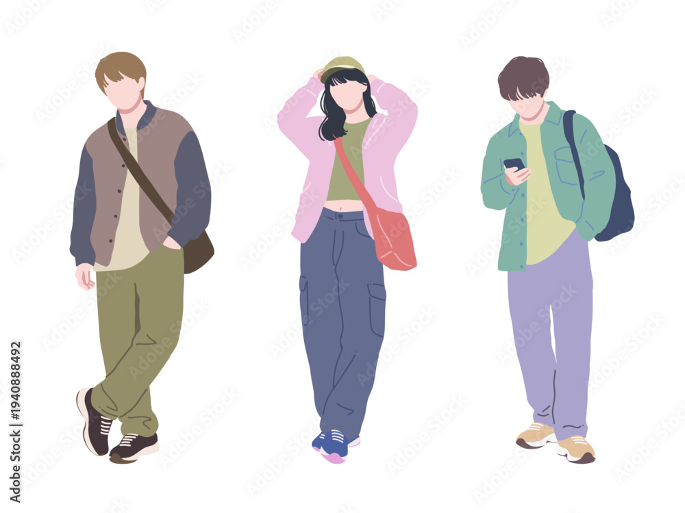 Obraz premium フラットイラスト カジュアルファッションの若者 表情無し 