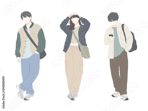 フラットイラスト　カジュアルファッションの若者　表情無し　淡色　ニュアンスカラー
