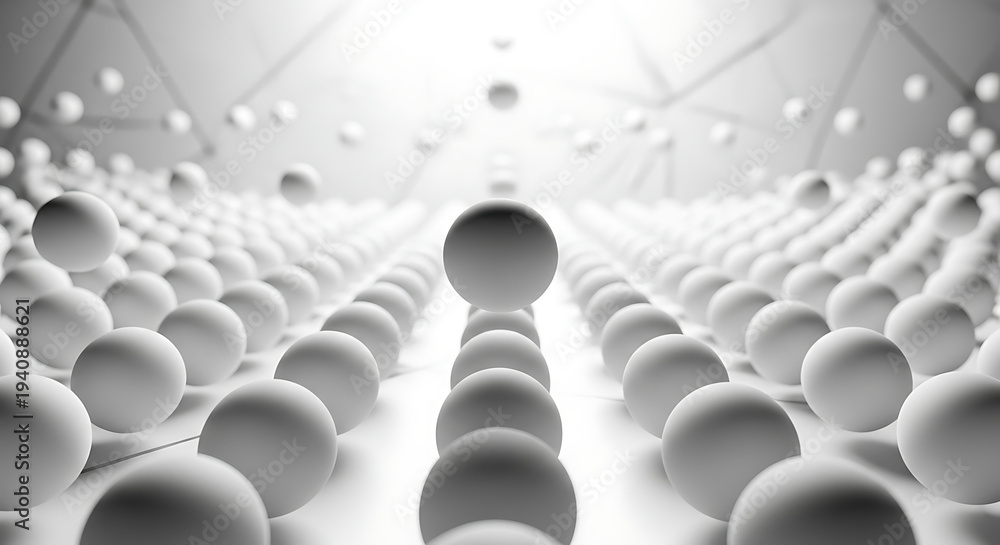 Obraz premium Abstract 3D render of white spheres arranged in a wavy grid, clean minimalist geometry, conceptual technology background, uniform matte texture, architectural landscape of pearls, futuristic pattern, 