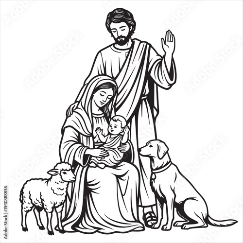 Holy family illustration with dog and sheep