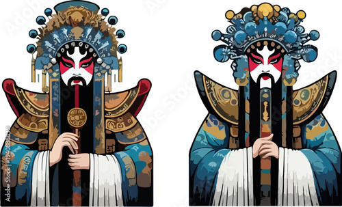 High Detail Chinese Peking Opera Character Illustration with Six Performers Wearing Ornate Headdresses, Traditional Robes, and Symbolic Face Makeup