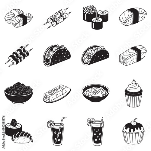 Set of 16 sushi and food icons vector