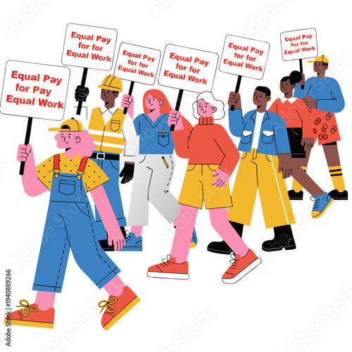 A diverse group of workers holding signs that read “Equal Pay for Equal Work.”