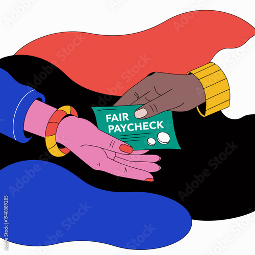 A close-up of hands exchanging a fair paycheck.
