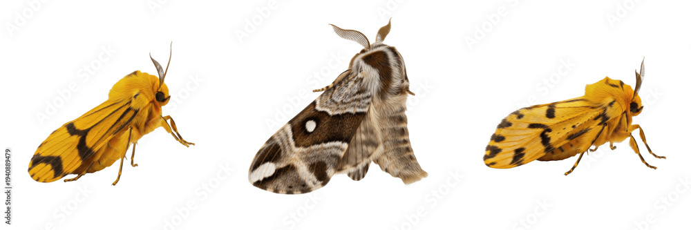 Naklejka premium Yellow Emperor Moth Io Moth Isolated on White Background PNG Collection Flying Wings Insects Nature Wildlife Macro Small Fauna Summer Brown Gold Bug Lepidoptera Element Set