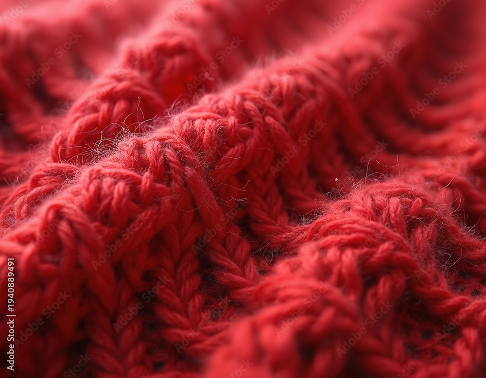 Fototapeta premium Red knitted wool texture close-up. Macro view of thick yarn stitches and soft fibers. Cozy warm fabric pattern background for winter apparel or home decor.
