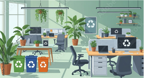 Sustainable office workspace with plants and recycling bins for ecology.
