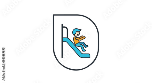 A cartoon child wearing a blue helmet slides down a blue slide with a yellow shirt and blue pants on a white background.