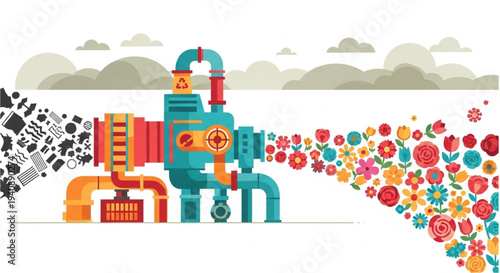 Recycling machine transformation of waste into colorful flowers for sustainability.
