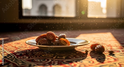 professional interior photography of a mosque prayer hall, sunlight entering through tall Islamic arched windows from the side