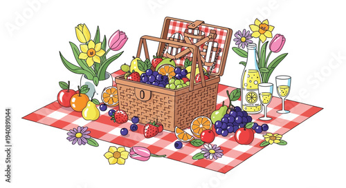 Idyllic summer picnic illustration featuring a wicker basket overflowing with fresh fruits and beautiful spring flowers