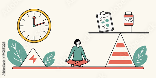 Illustrations depicting concepts of work-life balance, mindfulness, time management, energy, and daily tasks.
