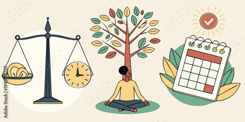 Illustrations depicting concepts of work-life balance, mindfulness, time management, energy, and daily tasks.
