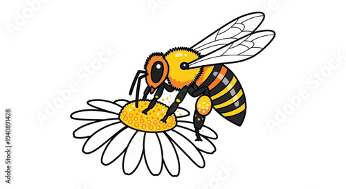 Adorable cartoon honeybee diligently gathering nectar and pollen from a white daisy flower