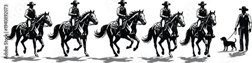 Detailed black and white vector silhouettes of cowboys riding horses in a row with a man walking his dog.