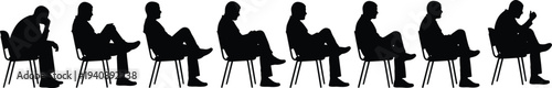 Large collection of black silhouettes featuring men sitting on chairs in various thoughtful and relaxed poses for layouts.
