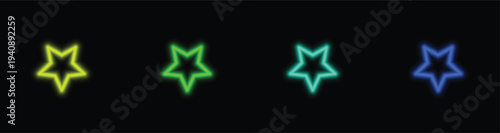 Four radiant neon star outlines glow brightly in yellow green aqua and blue against a dark field