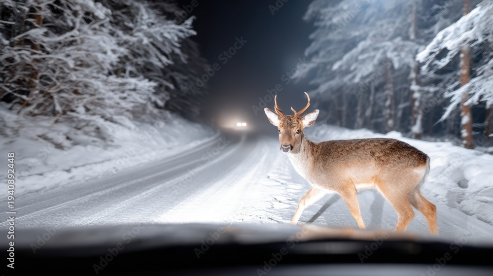 Obraz premium Deer crossing a snowy road at night with headlights illuminating the dark winter landscape and trees in the background