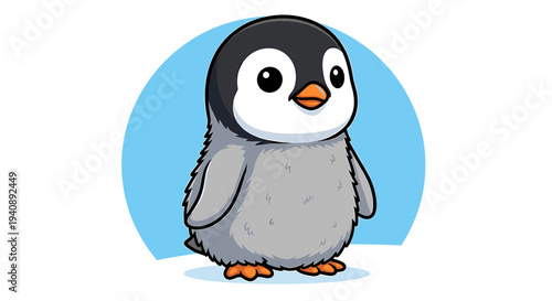 Cute cartoon baby penguin standing on ice with blue background