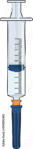 A detailed illustration of a medical syringe with blue liquid and measurement markings, ready for injection or administration