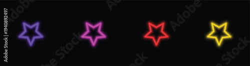 Four vibrant neon star outlines shine brightly in a row against a plain dark black expanse