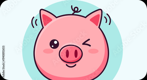 Cute pink pig head winking cartoon illustration