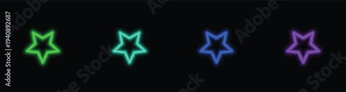 Glowing neon star outlines illuminate the darkness with bright lime green aqua blue and violet hues