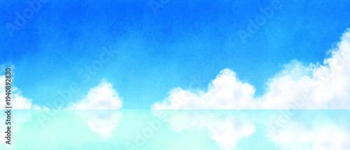 夏の青空と美しい水面と入道雲の幻想的な水彩の背景イラスト