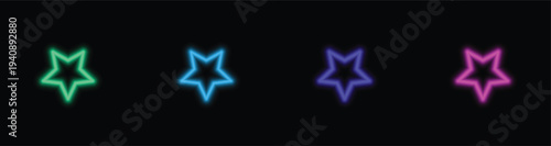 Illuminated neon stars in shades of green, blue, purple, and pink create a striking display on black