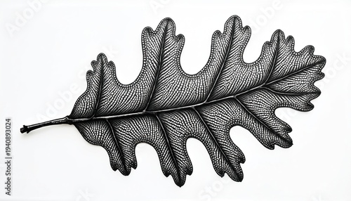 Detailed stippled illustration of an oak leaf against white backdrop. Fine dots create texture on veins and leaf shape. Simple graphic art isolated on clean background.