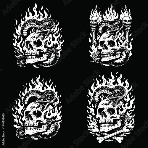 Skull and Snake Tattoo Flash Set Gothic Skull with Flames Black and White Tattoo Illustration