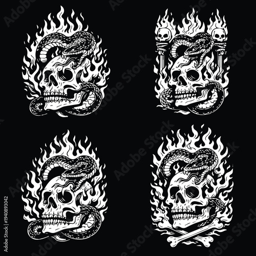 Skull and Snake Tattoo Flash Set Gothic Skull with Flames Black and White Tattoo Illustration