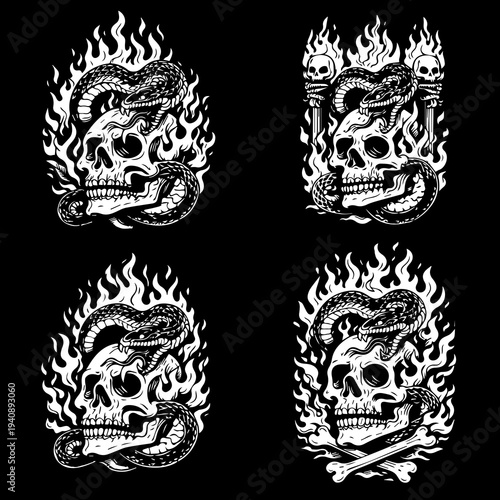 Skull and Snake Tattoo Flash Set Gothic Skull with Flames Black and White Tattoo Illustration