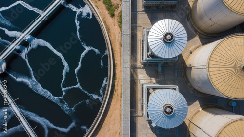 Aerial view municipal wastewater treatment plant. Circular sedimentation tanks or biological reactor, Water cleaning facility wastewater treatment plant, Water treatment plant.