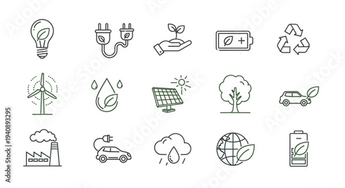 A green ecology icons set for sustainability, green energy, and nature.