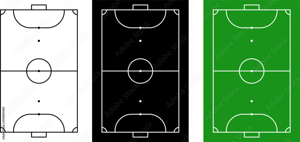 Fototapeta premium Minimal futsal court top view vector set with outline, black and green field versions. Clean soccer mini football pitch layout for sport infographic, tactics board, coaching diagram and apps.